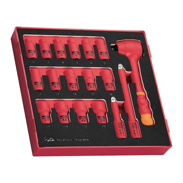 18 Piece 3/8 Inch Drive Metric 6 Point 1000 Volt Shallow Insulated EVA Foam Socket Set (6MM - 20MM)